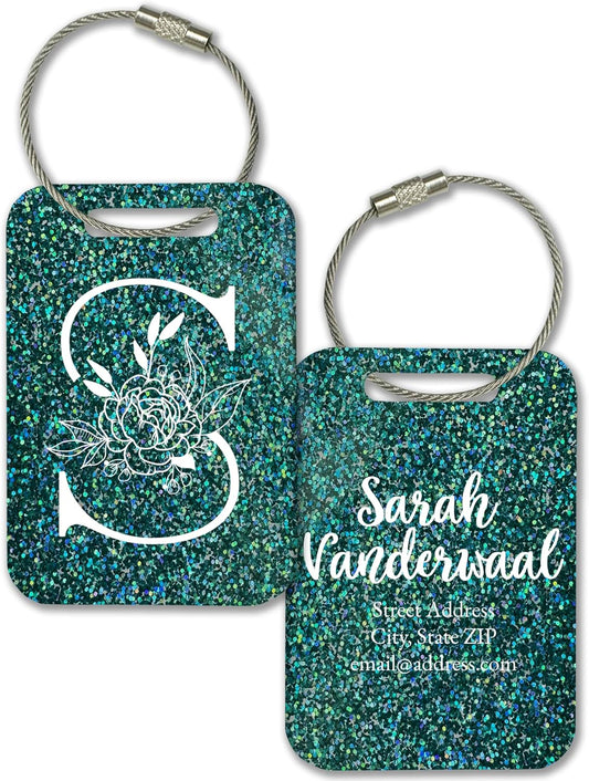 Personalized Monogram Name Tag for Luggage (3 or 6 Count Pack) | Custom Tag for Suitcase | Acrylic Name Tag for Travel | Choose Your Font & Color | Backpack ID Label (Monogram, Aquamarine Glitter)