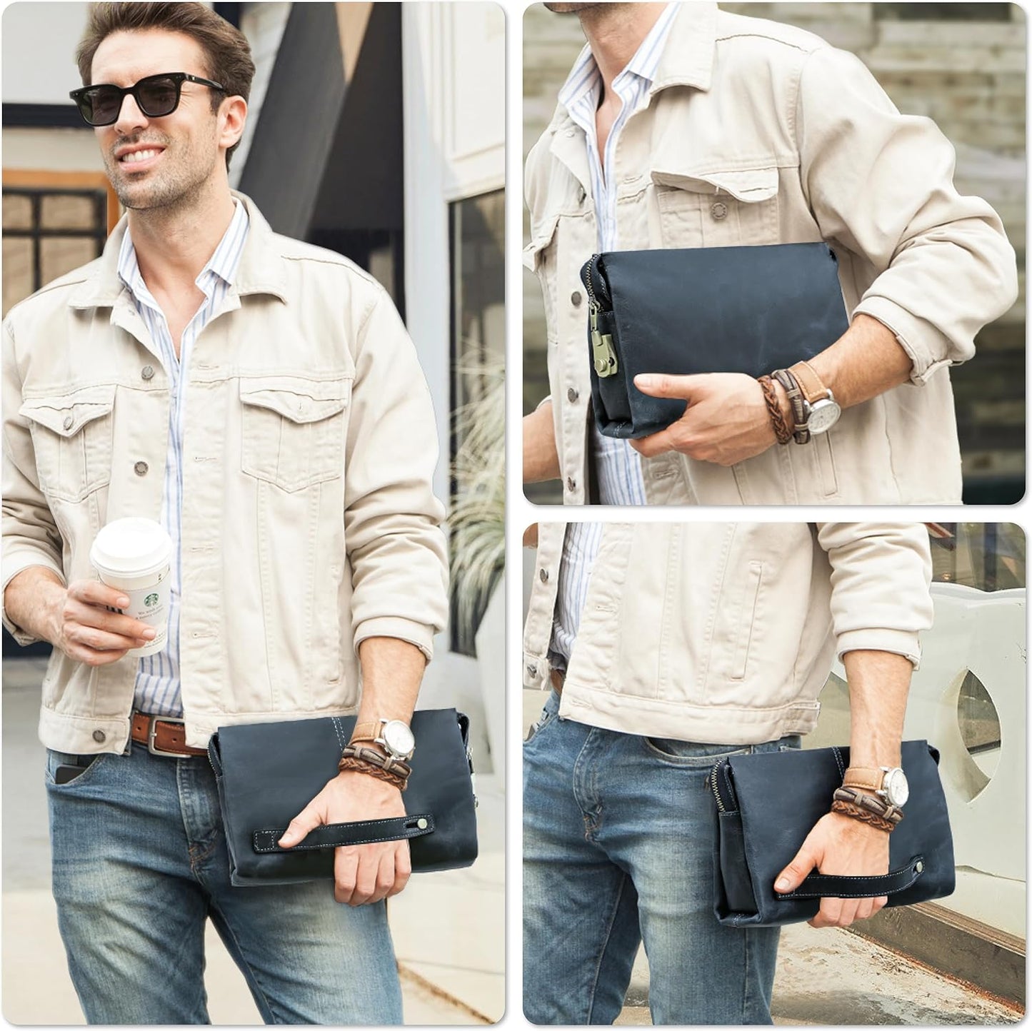 Top Grain Genuine Leather Clutch Wallet Handbag for Man & Woman, Handmade Retro Design, Combination Lock & Retractable Strap & Multi Pockets/Slots, Portable RFID for Cards/Checks/Phone/Banknote, Blue