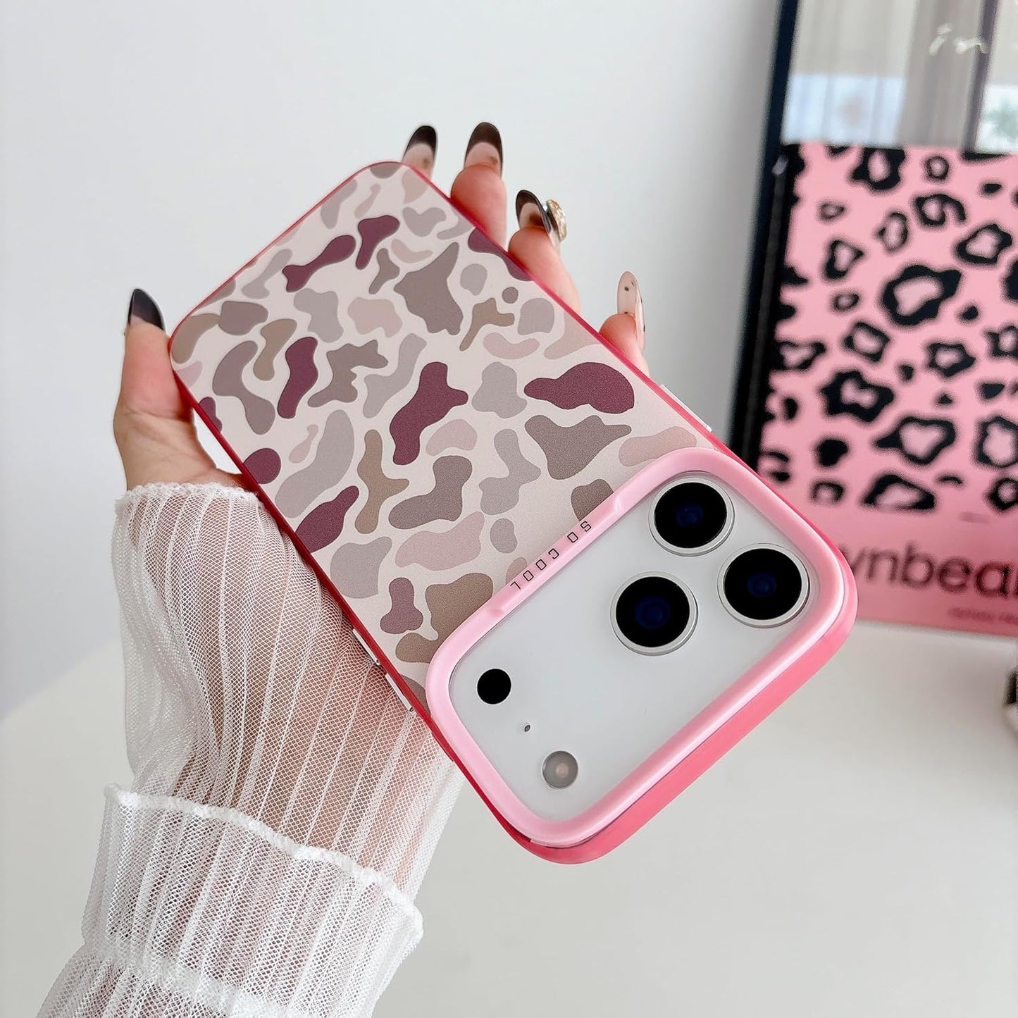 for iPhone 17 Pro Max Case, Vintage Camo Pattern Design for Men Boys Teens, Cool Camouflage Shockproof Protective Cover for Girls Women - Pink