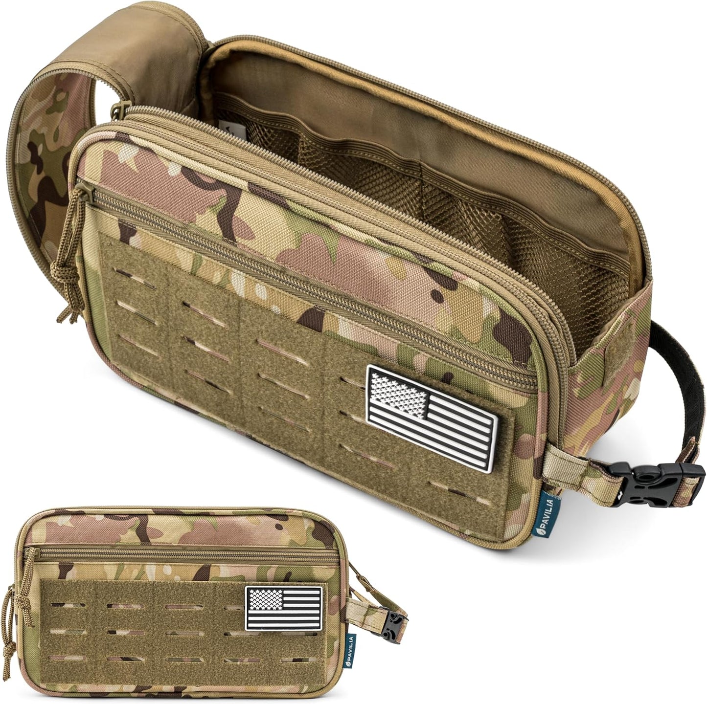 PAVILIA Extra Large Tactical Toiletry Bag for Men, Travel Hygiene Bag, Military Gear Dopp Kit, Molle Accessories Pouch, Shaving Grooming Essentials Gym Bathroom Shower Toiletries Tool EDC, Camo XL