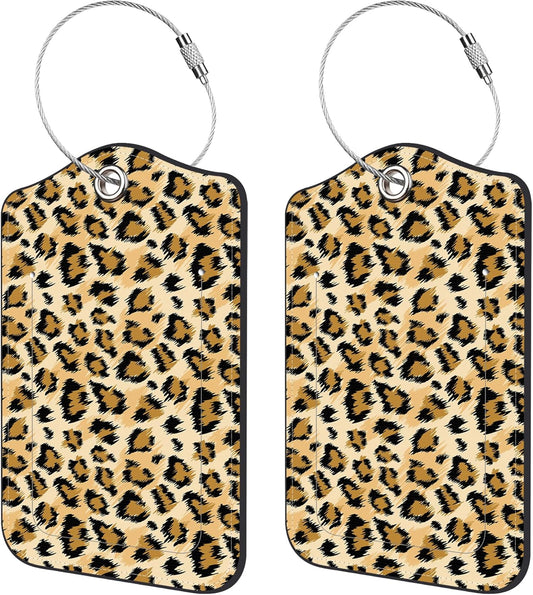 2 Pack Luggage Tags for Suitcase,Leopard Print PU Leather Idea Baggage Tag with Name Labels Privacy Cover Metal Ring Men and Women Travel Cruise Labels