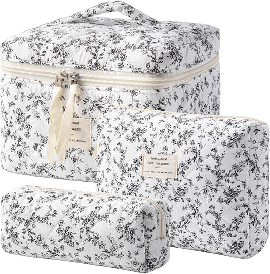HBselect Quilted Makeup Bag, 3PCS Cotton Large Travel Makeup Bag, Cute Floral Coquette Make up Bag Cosmetic Bag Toiletry Bag for Women Girls
