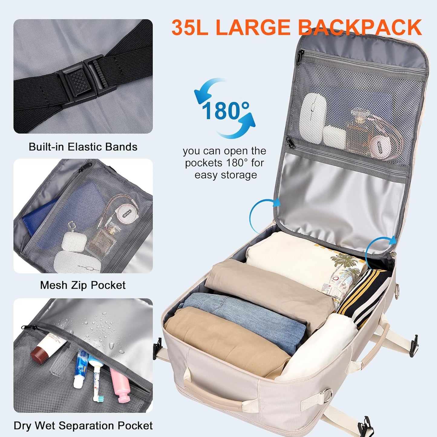 PIJUSHI Travel Backpack for Women Flight Approved Carry on Bag 16 inch Laptop Personal Item Daypack with Shoe Compartment(PE038 Beige)