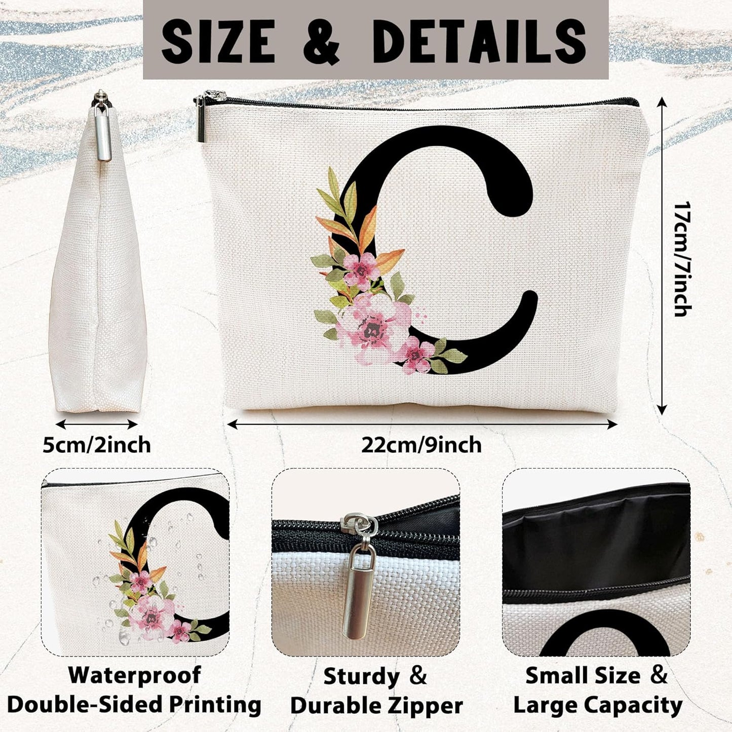 Personalized Letter C Makeup Bag for Women, Birthday Gifts for Mom, Small Zipper Pouch for Purse, Christmas Bridesmaid Friendship Gifts for Sister Daughter, Girls Weekend Gifts for Women-A03