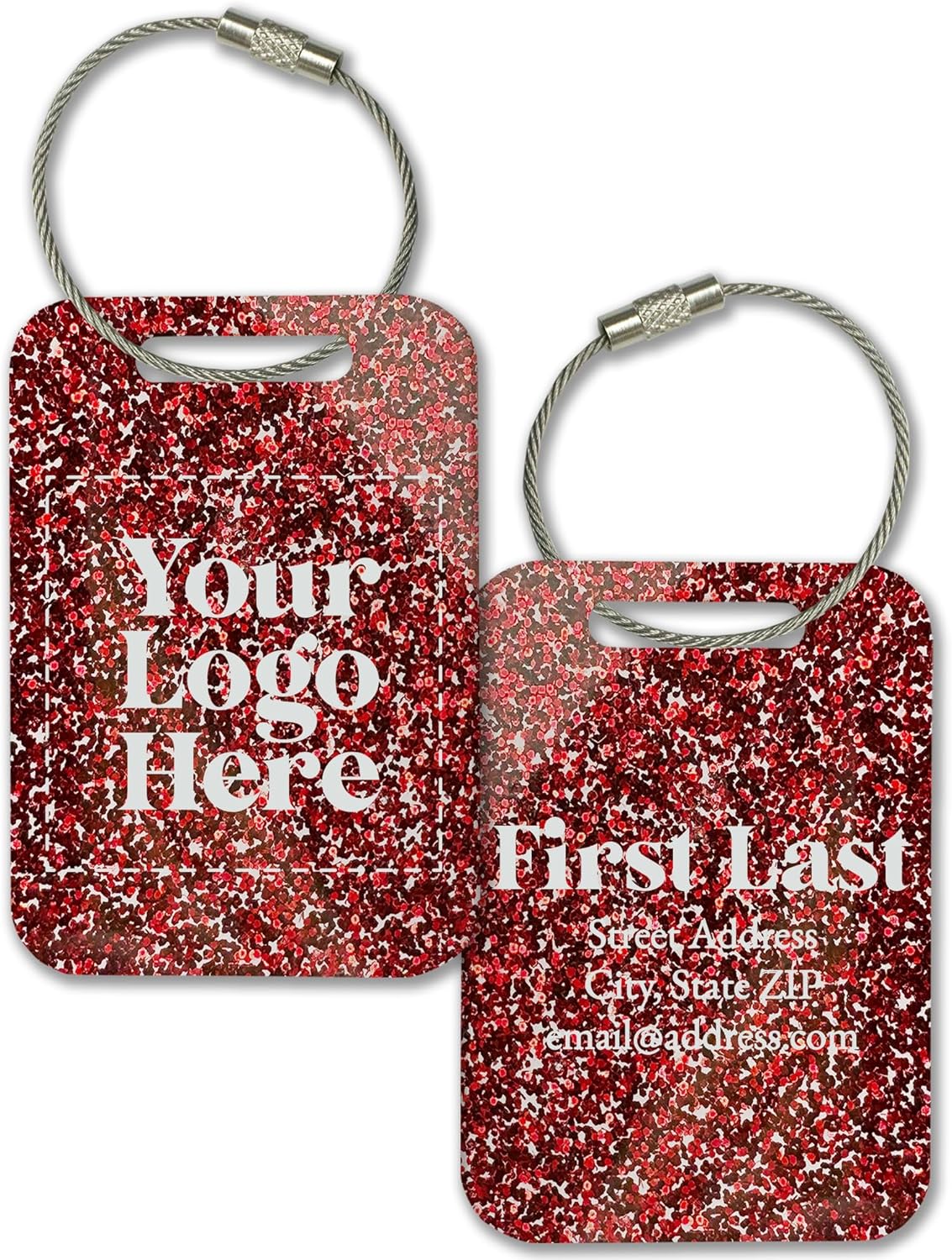 Personalized Logo Name Tag for Luggage (3 or 6 Count Pack) | Custom Tag for Suitcase | Acrylic Name Tag for Travel | Choose Your Font & Color | Backpack ID Label (Logo, Red Glitter)