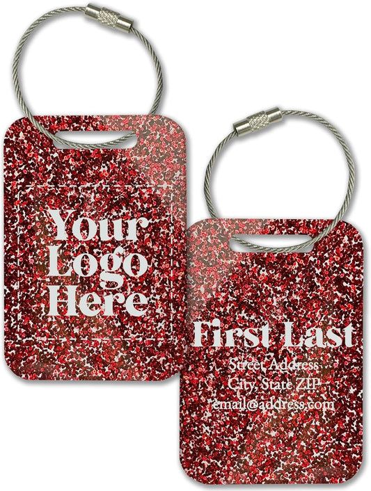 Personalized Logo Name Tag for Luggage (3 or 6 Count Pack) | Custom Tag for Suitcase | Acrylic Name Tag for Travel | Choose Your Font & Color | Backpack ID Label (Logo, Red Glitter)