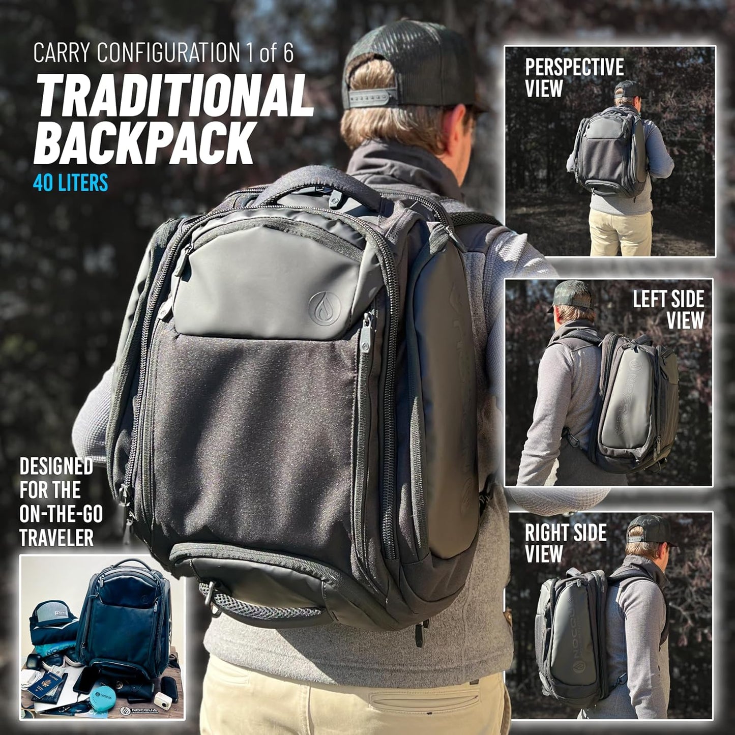 6-in-1 Traveler Backpack – Convertible Carry-On Travel Bag, Expandable 40–55L Storage, Ergonomic Design with Drink Holders & Padded Laptop Pocket, Weather-Resistant Ballistic Nylon, Black