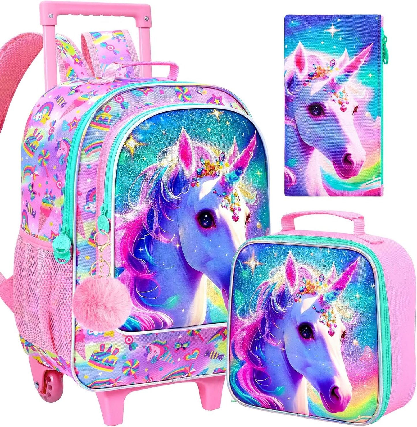 3PCS Rolling Backpack for Girls and Boys, Kids Roller Wheels Bookbag, Wheeled Elementary School Bag with Lunch Bag