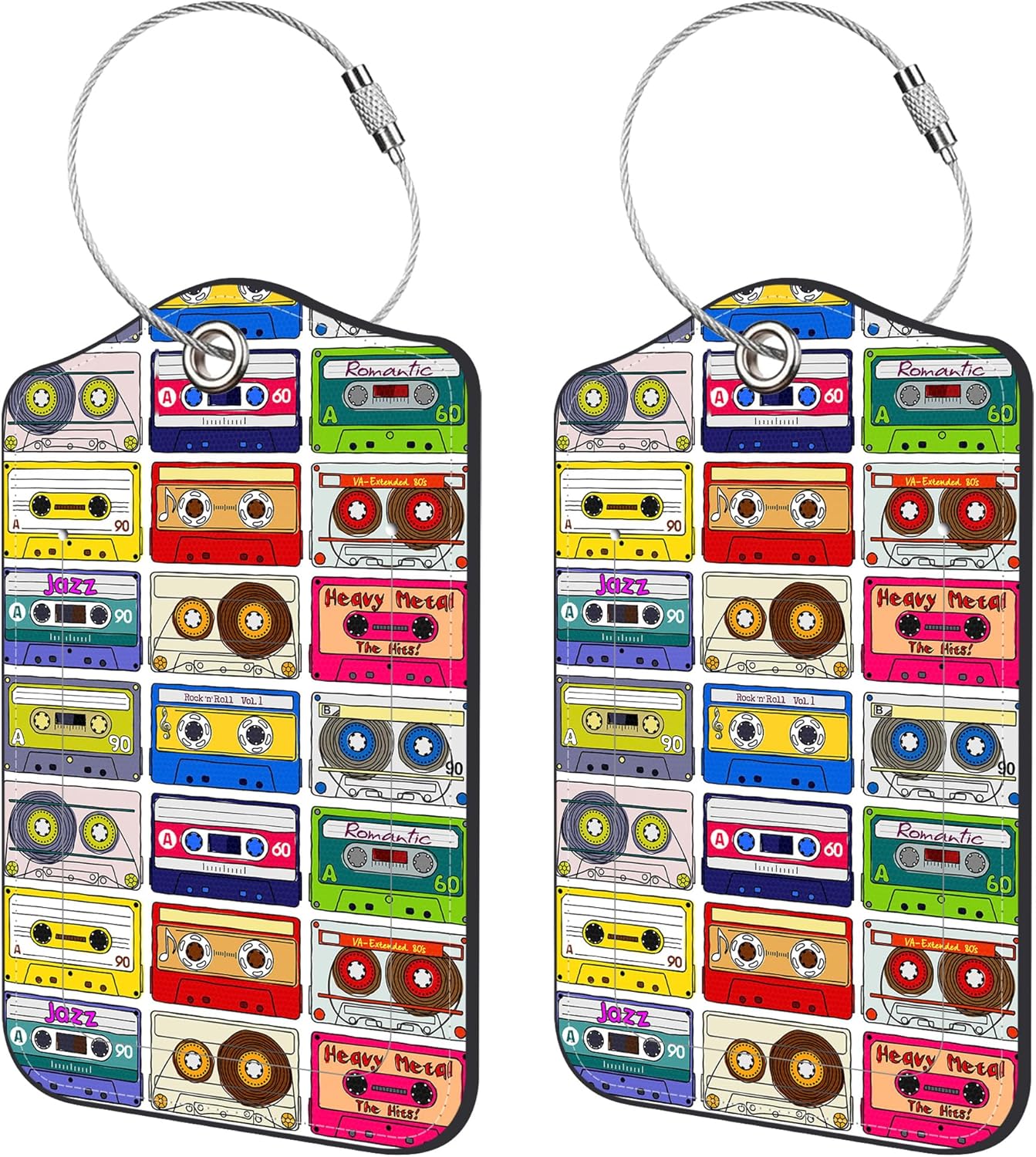 2 Pack Luggage Tags,Retro Cassettes PU Leather Idea Baggage Tag with ID Labels Privacy Cover Metal Ring Men and Women Travel Bag Labels