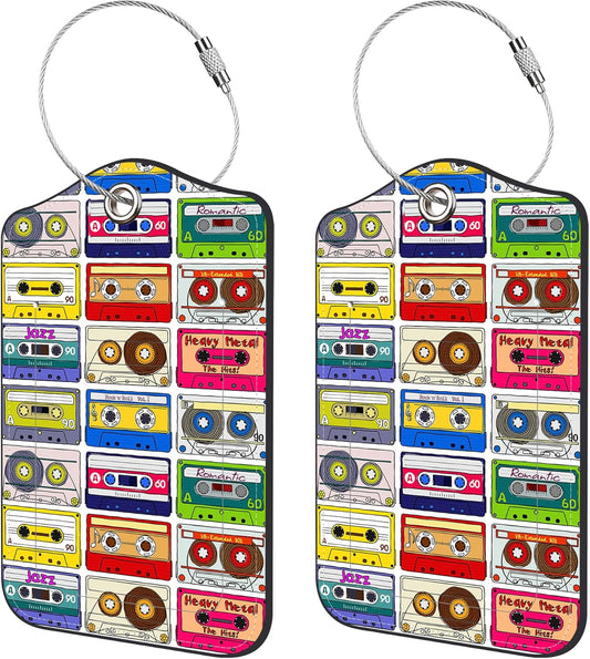 2 Pack Luggage Tags,Retro Cassettes PU Leather Idea Baggage Tag with ID Labels Privacy Cover Metal Ring Men and Women Travel Bag Labels