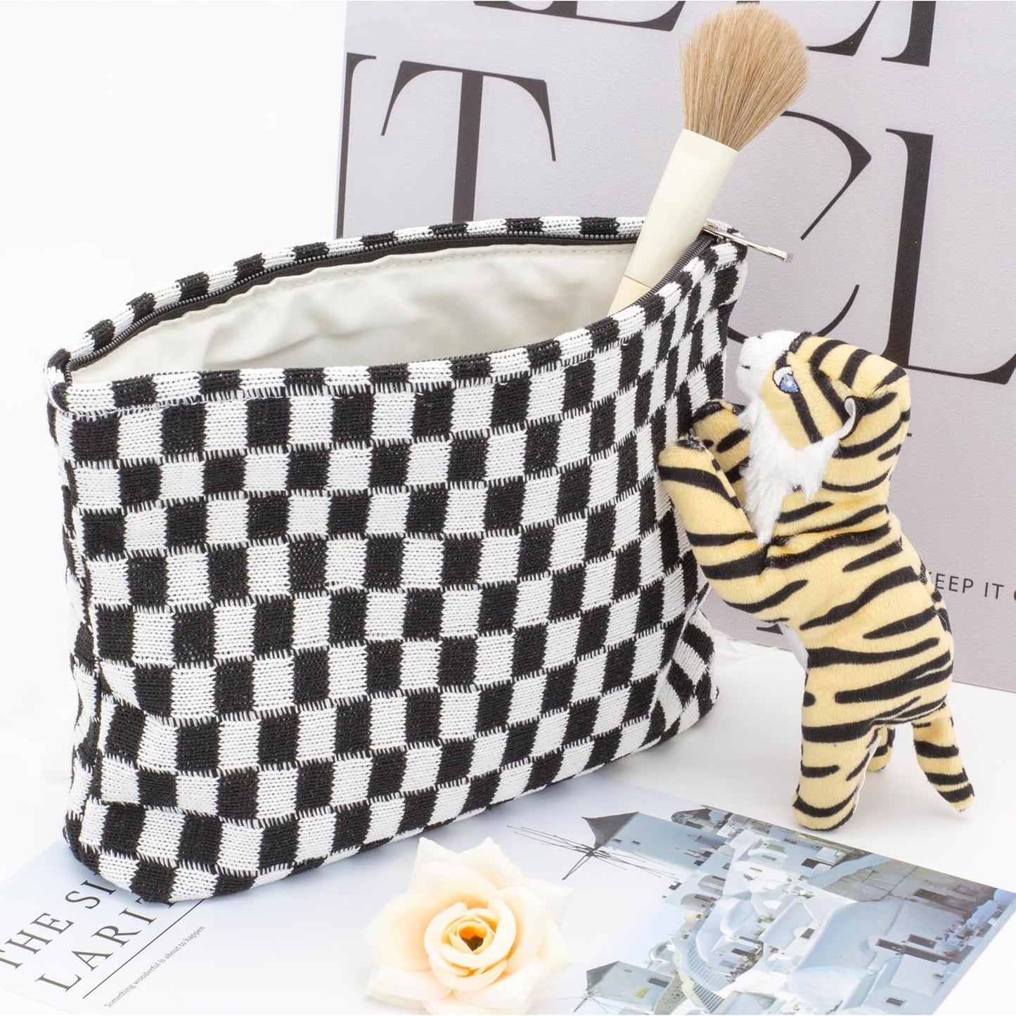PAZIMIIK Knitted Checkered Makeup Bag Large Zipper Make Up Accessory Pouch for Purse Cosmetic Brush Bag for Travel Essential,Black