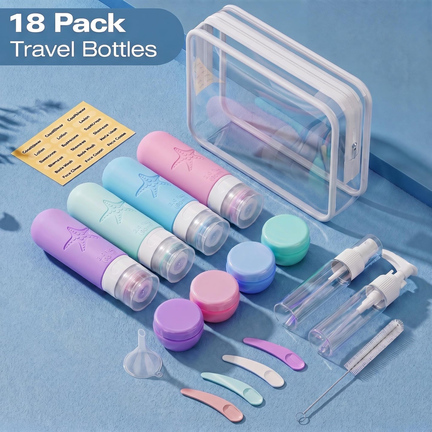 JBYAMUS 18 Pack Travel Bottles for Toiletries - TSA Approved, Triple Leak Proof Silicone Set, 3oz