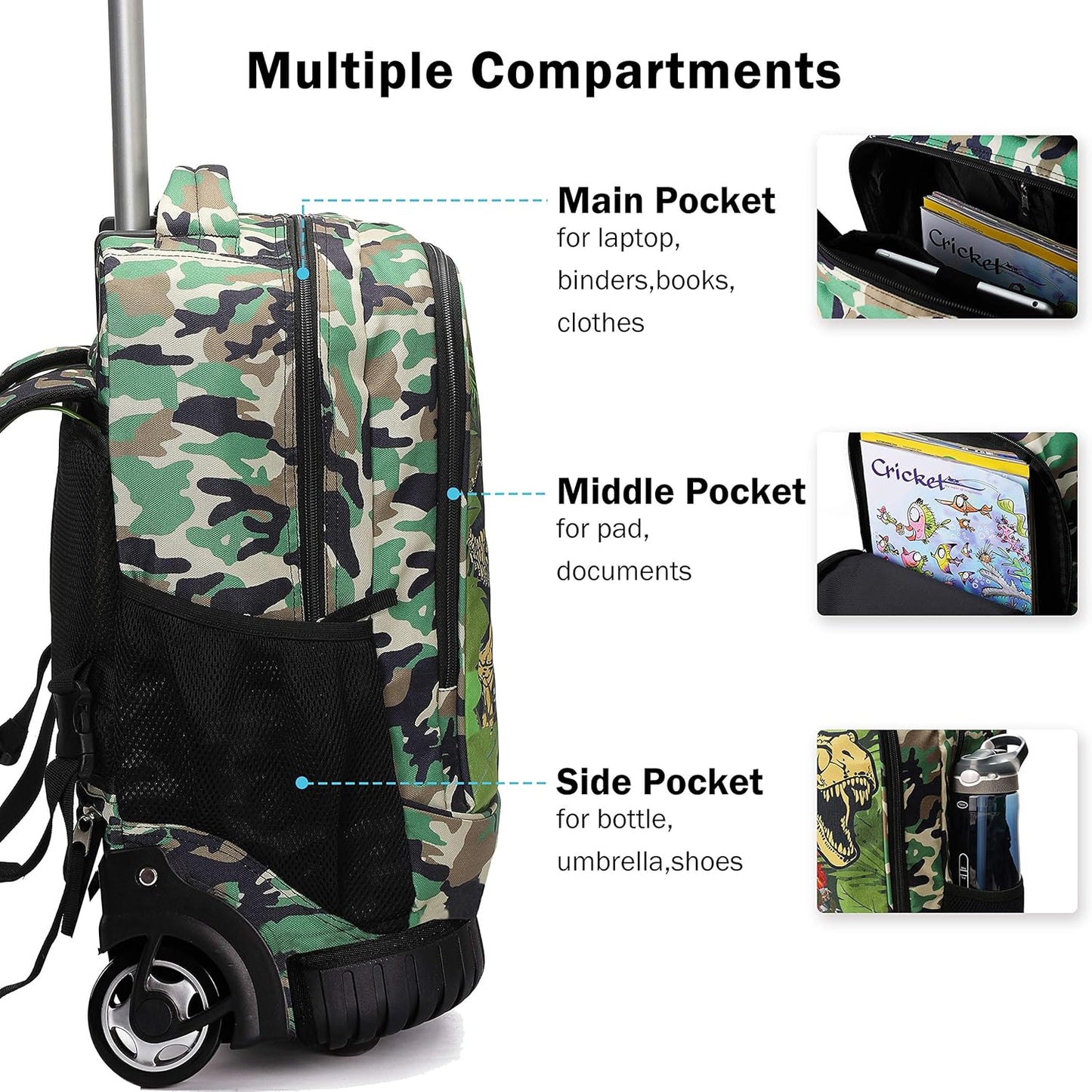 Tilami Rolling Backpack 19 inch with Lunch Bag Wheeled Laptop Backpack, Dinosaur Camouflage