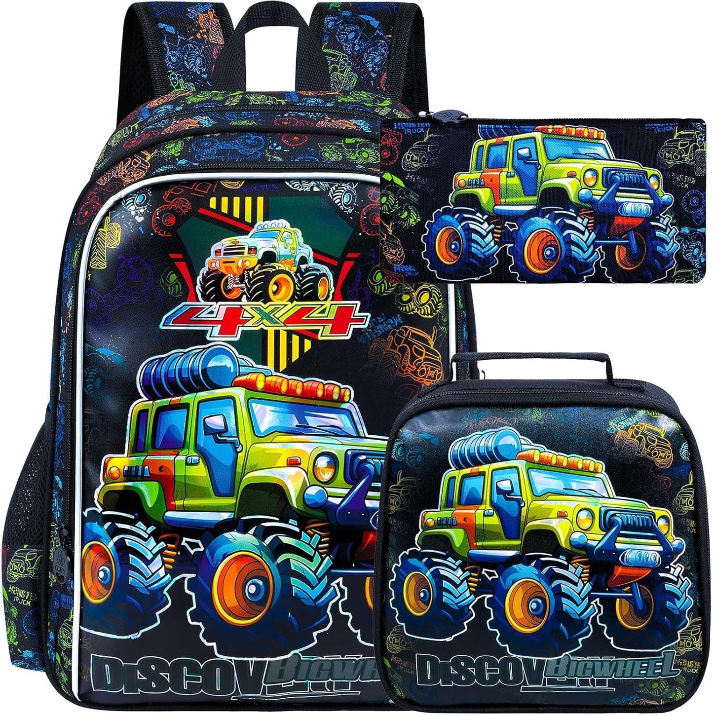 gxtvo 3PCS Boys Truck Backpack, 16" Kids Car Bookbag with Lunch Box, Water Resistant Elementary Preschool Toddler School Bag
