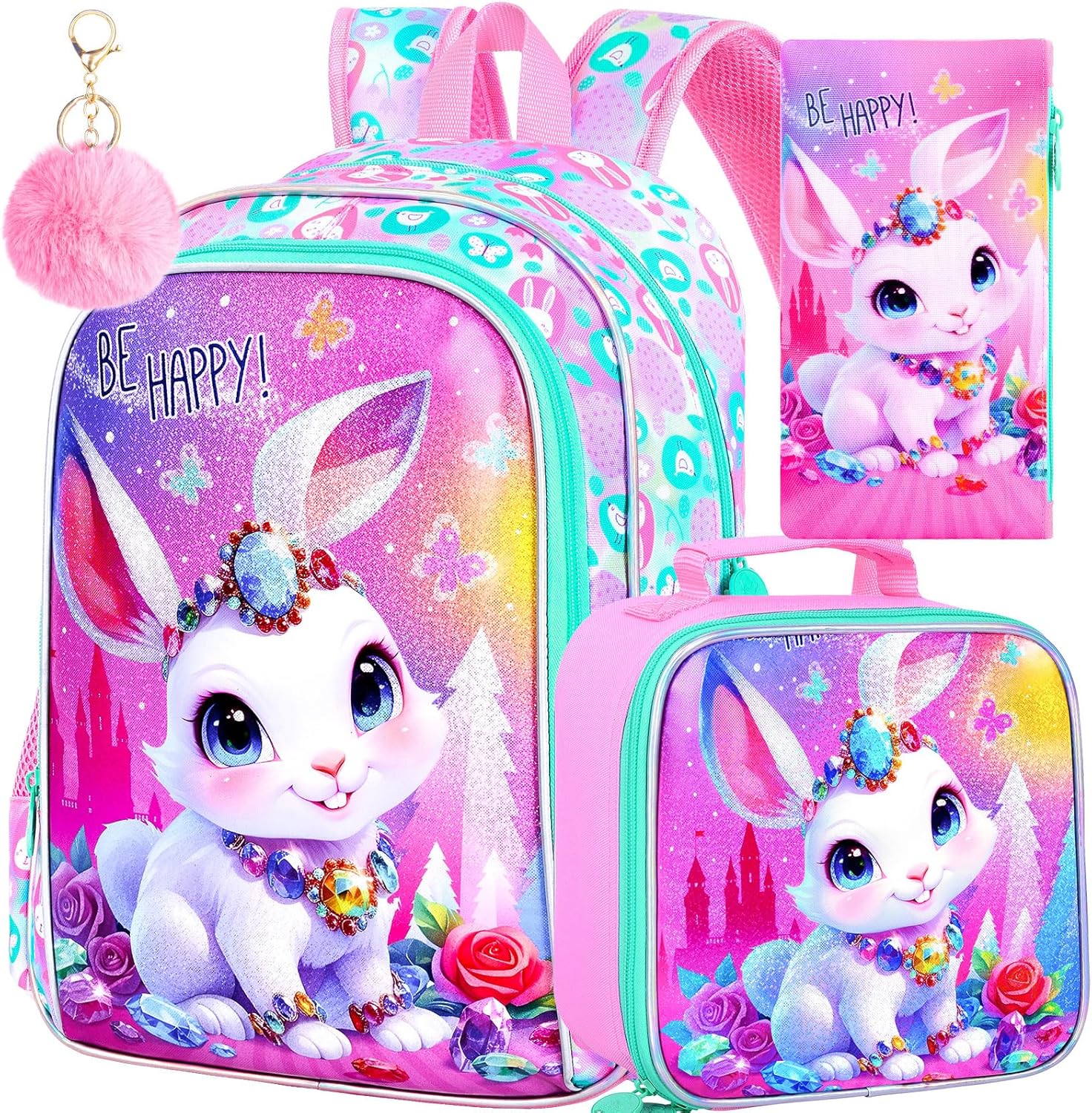 3Pcs Girls Backpack, 16" Bunny Kids Bookbag with Lunch Box，School Backpacks for Elementary
