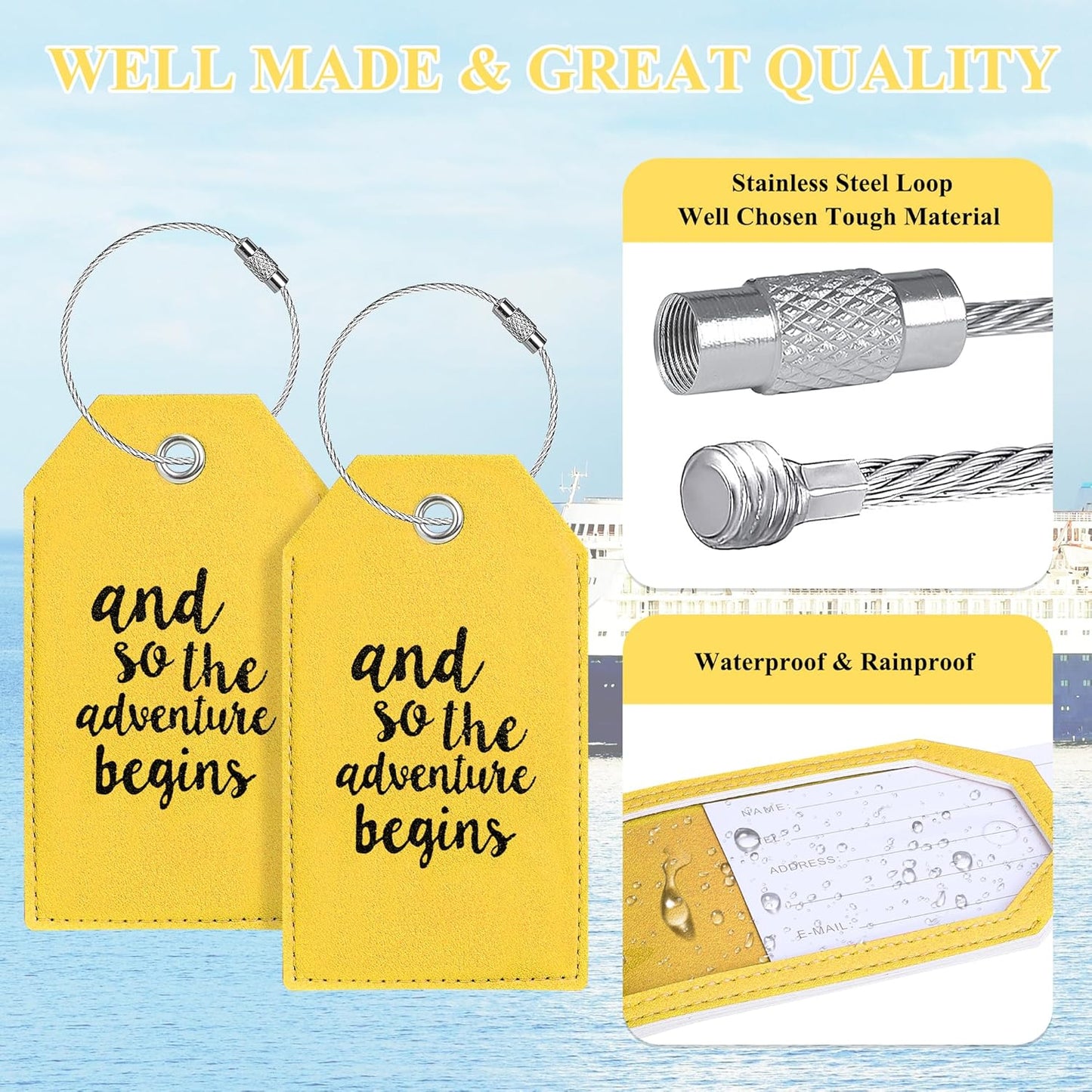 Luggage Tag & Initial Baggage Tags for Suitcases Leather Bag Tags for Backpacks Handbag School Instrument with Name ID Label Travel Essentials, Unique Fun Yellow Personalized Luggage Tags 2 Pack