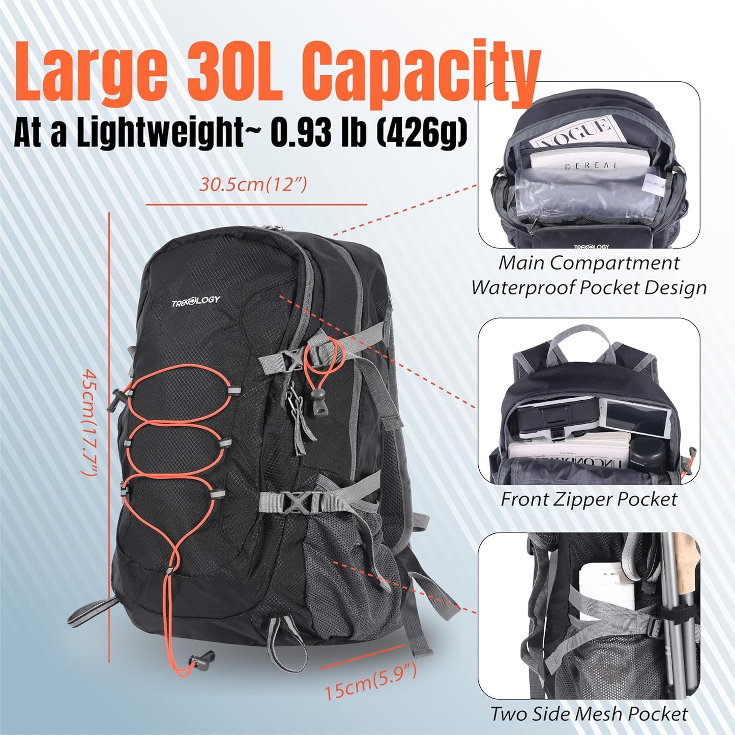 TREKOLOGY 30L Waterproof Lightweight Backpack – Foldable, Durable Daypack for Men & Women with Chest Strap & Multiple Compartments – Compact, Comfortable, Ideal for Hiking, Camping, Travel & Outdoors