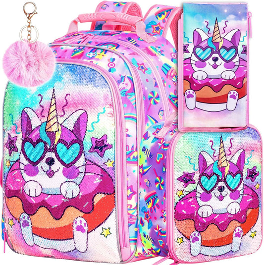 3PCS Kids Backpacks for Girls, 16" Little Kid Preschool School Bookbag and Lunch Box - Unicorn/Mermaid/Flamingo