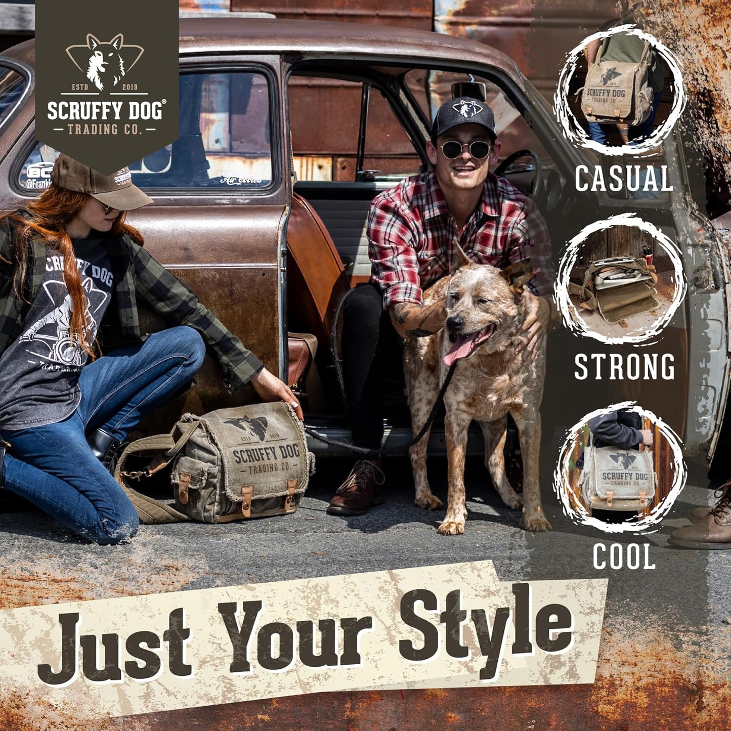 SCRUFFY DOG Vintage Messenger Bag for Men & Women - 13" Canvas Satchel 7 Pockets, Tablet & Laptop Storage, Adjustable Crossbody Shoulder Strap for Travel or Everyday Use