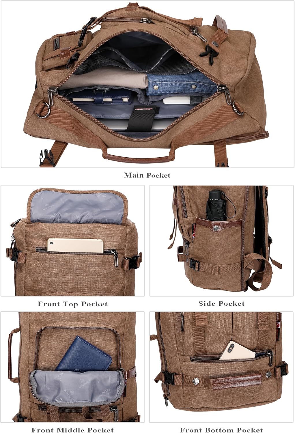 WITZMAN Canvas Backpack Vintage Travel Backpack Large Laptop Bags Convertible Shoulder Rucksack(A519-1 Brown)