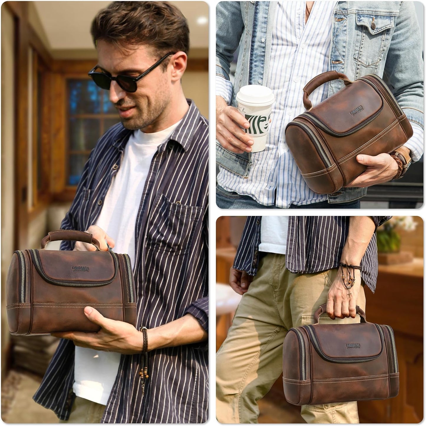 Top Grain Leather Travel Toiletry Bag Organizer for Man & Woman, Vintage Design, Large Size & Multi Pockets, Portable Large Capacity Travel Dopp Kit for Daily Toiletries/Cosmetics/Makeups, Coffee
