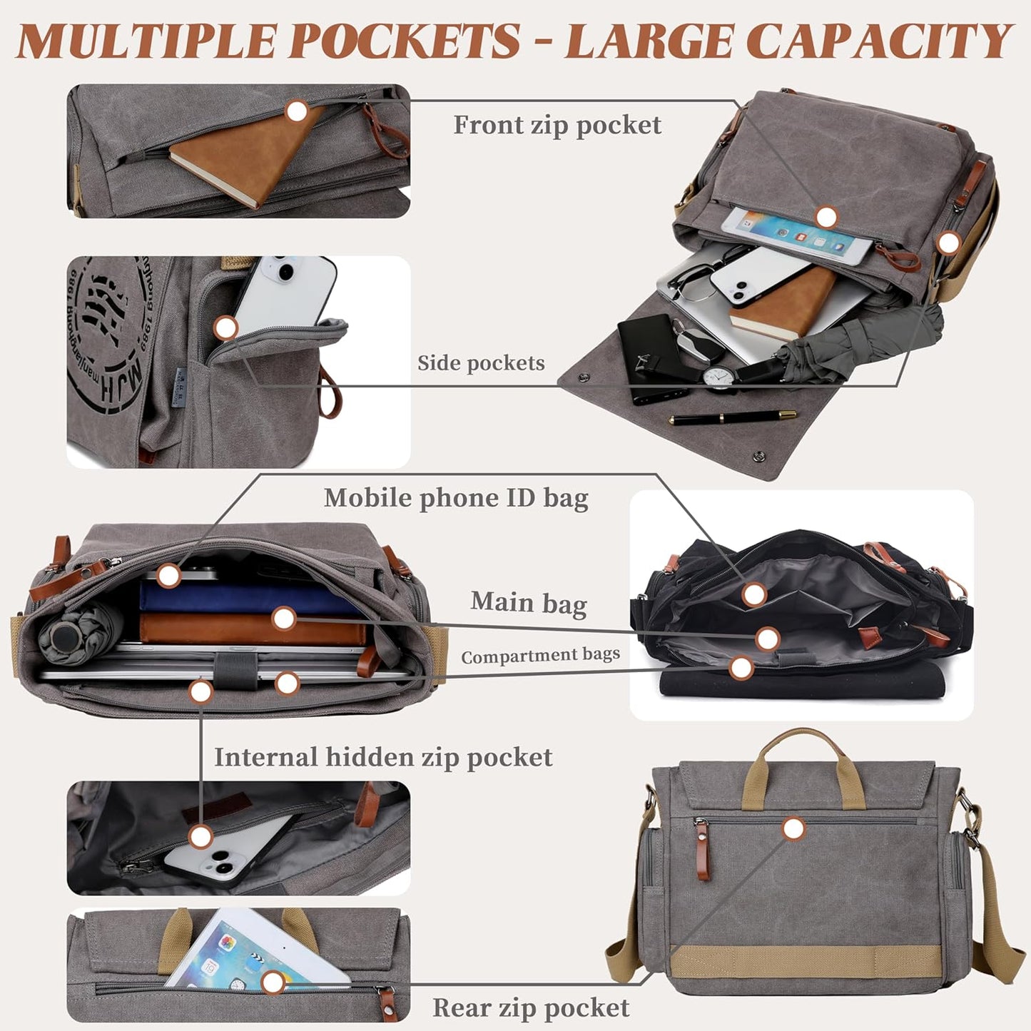 FSD.WG Satchel Messenger Bag for Men Canvas,Travel Shoulder bag 13.5" Laptop Bags