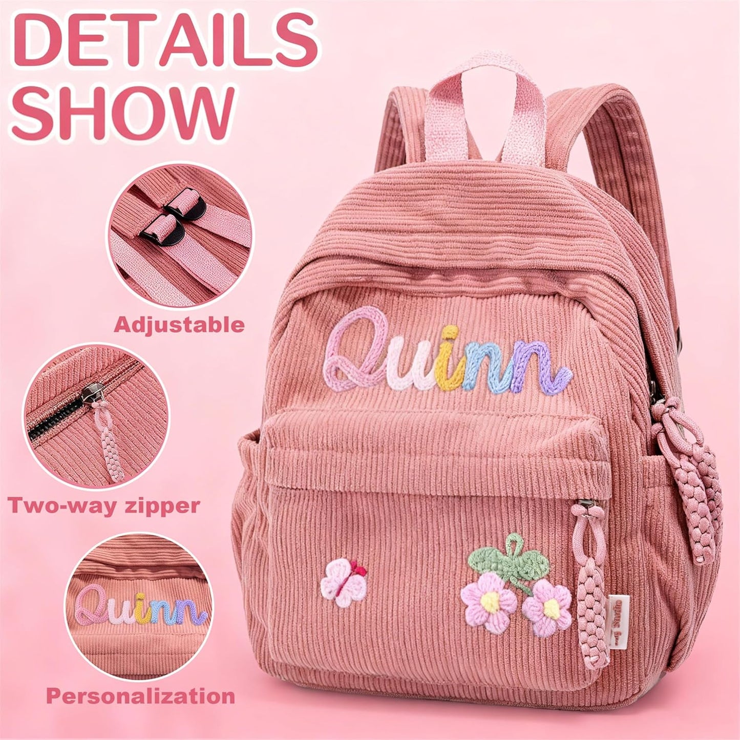 Personalized Corduroy Kids Backpack, Custom Name School Bag with Decorative Stitching, Toddler BackPack, Back to School Gift, Available in M and S sizes (Pink)