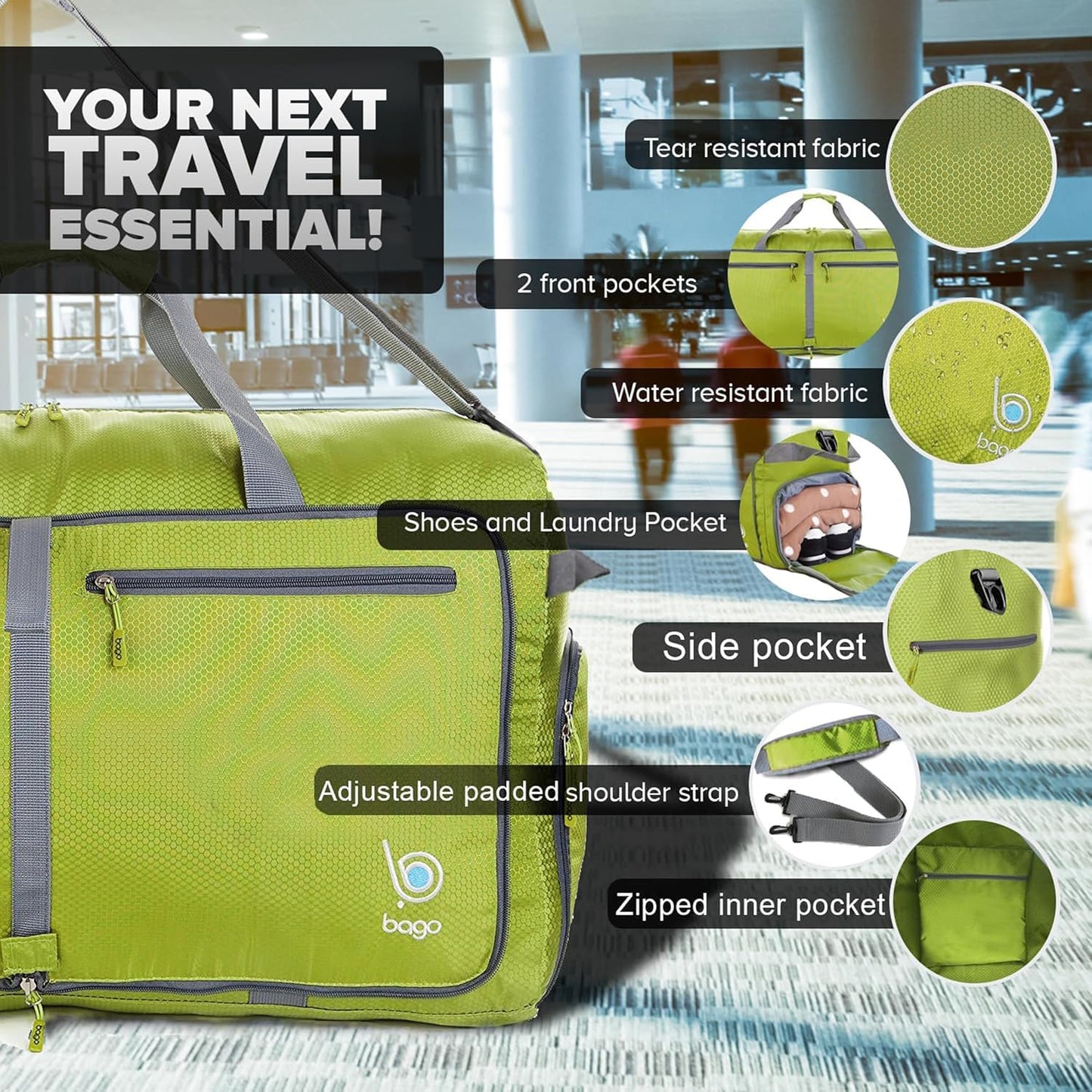 Bago Large Foldable Duffel Bags for Traveling Women & Men - 80L Packable Duffle Bag for Travel with Shoe Compartment - Water Repellant, Heavy Duty, Lightweight Folding & Collapsible (Green)