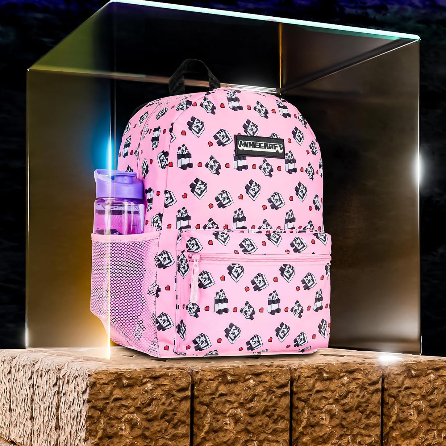 Minecraft Backpack for Boys Kids Teens Adjustable Straps Front Pocket Daypack Backpacks for Sports Gym School Gamer Gifts (Pink)
