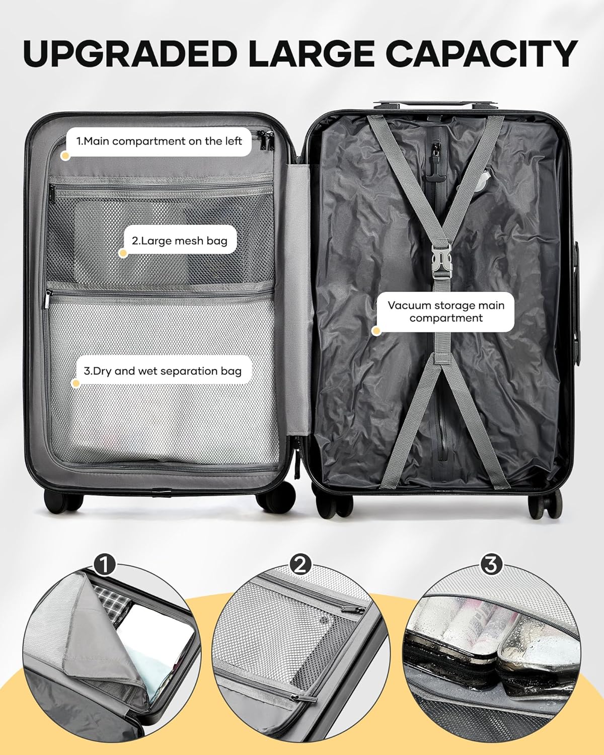 Vacuum Travel Luggage Sets 3 Piece,Air Vacuum Seal Suitcase With pump,Spinner Wheel, Hardside Suitcase Set with TSA Lock, Waterproof Travel Luggage for Men and Women with Vacuum System, Black