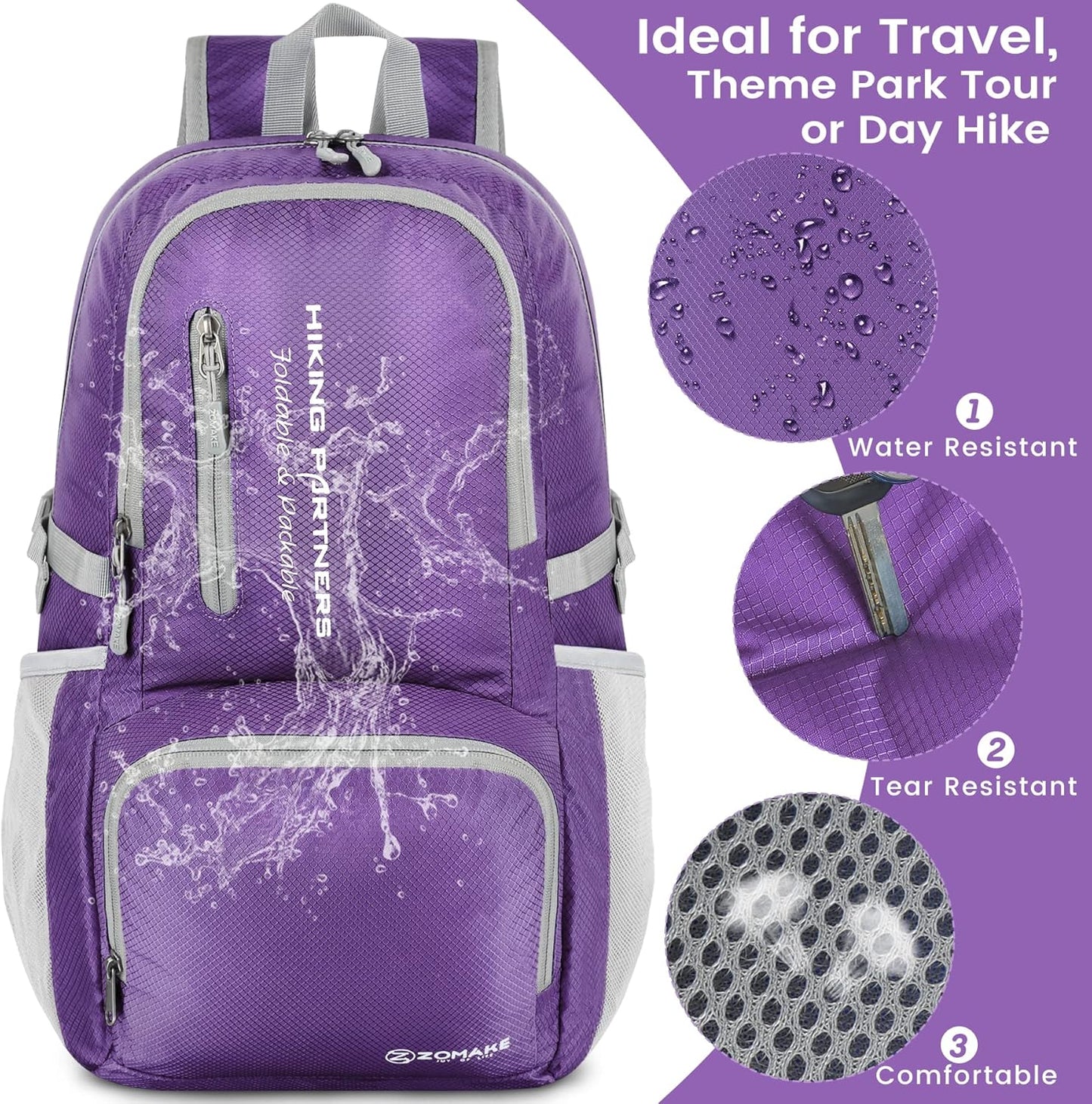 ZOMAKE Lightweight Packable Backpack, 35L Light Foldable Hiking Backpacks Water Resistant Collapsible Daypack for Travel(Purple)