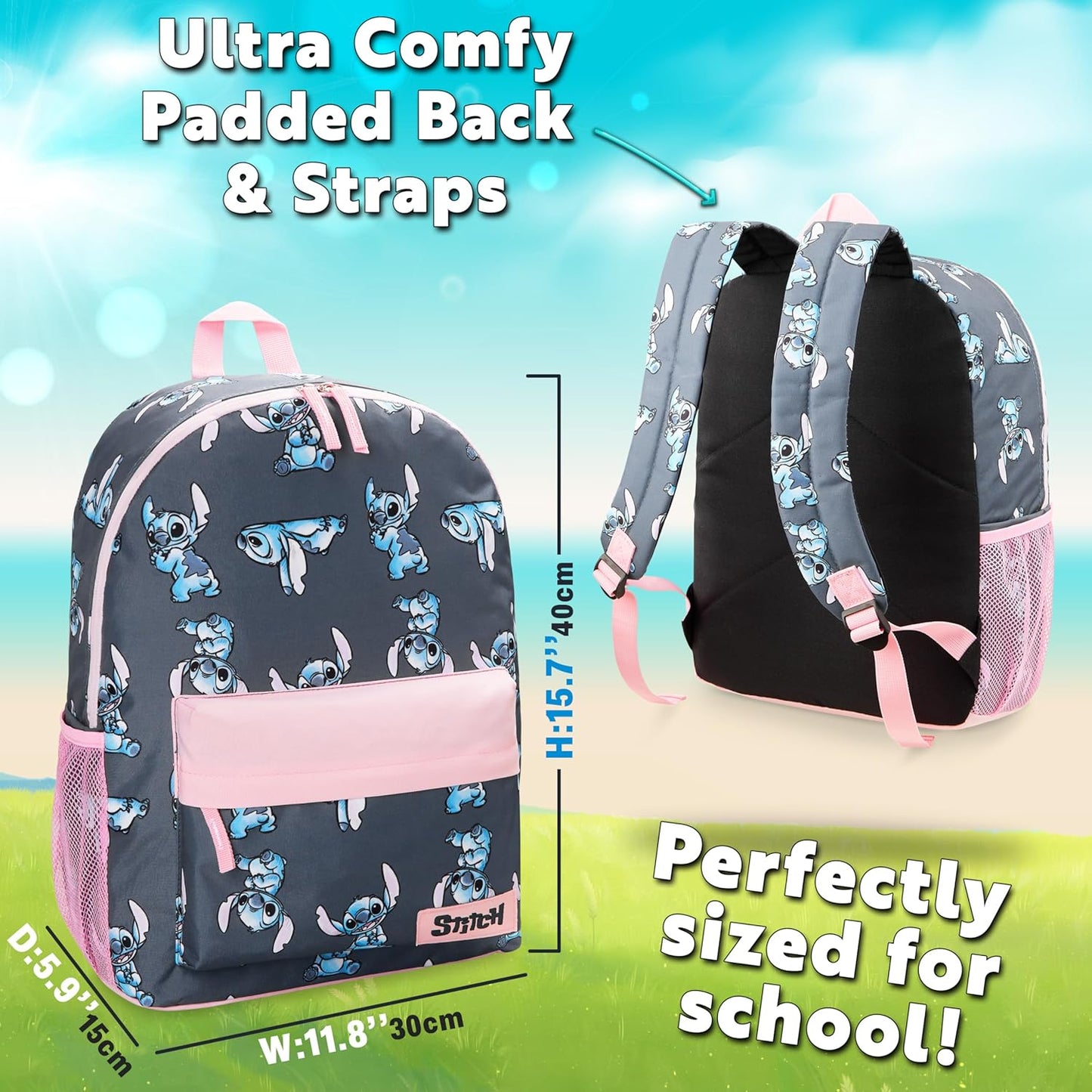 Disney Stitch Backpack for Girls Teens School Bag Kids Book Bag School Supplies Gifts (Navy/Pink)