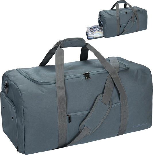 Duffle Bag for Men 65L, Travel Bag with Shoes Compartment, Large Capacity Duffel Bag, Water Resistant & Tear Resistant Women Weekender Bag with Shoulder Strap for Sports Gym Travel Camping (Gray)