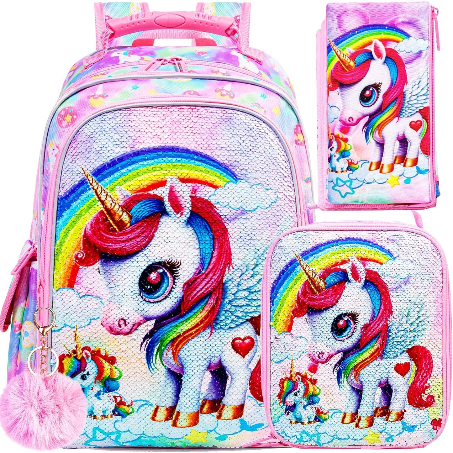 UFNDC 3PCS Unicorn Backpack, 16”Kids Sequin Bookbag for Girls with Lunch Box, Water Resistant School Bag for Elementary Preschool Toddler
