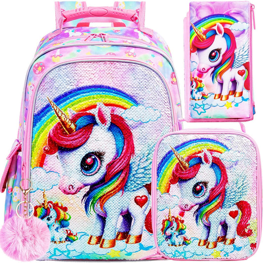UFNDC 3PCS Unicorn Backpack, 16”Kids Sequin Bookbag for Girls with Lunch Box, Water Resistant School Bag for Elementary Preschool Toddler