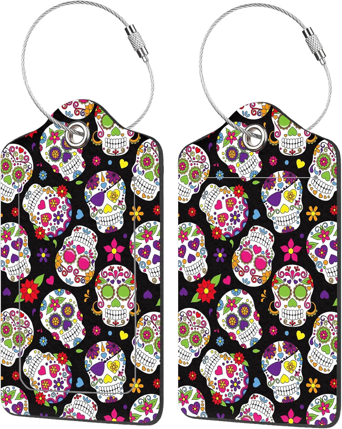 2 Pack Luggage Tags for Suitcases,Sugar Skull Luggage Tag,PU Leather Id Label Luggage Tags with Stainless Steel Loop and Privacy Cover for Women Men Teens Travel
