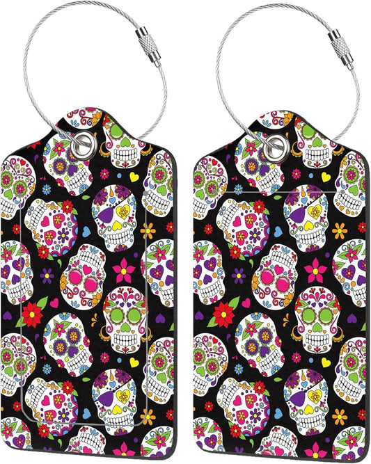 2 Pack Luggage Tags for Suitcases,Sugar Skull Luggage Tag,PU Leather Id Label Luggage Tags with Stainless Steel Loop and Privacy Cover for Women Men Teens Travel