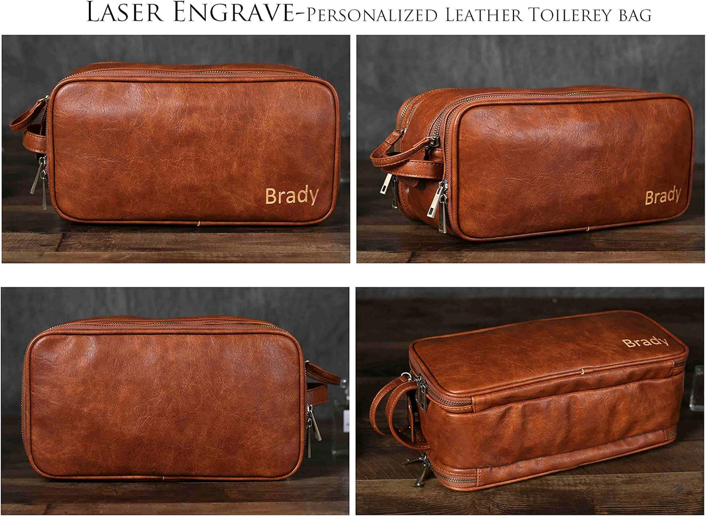 Personalized Leather Kit for Men Travel Toiletry Bag Cosmetic Shaving Bag Brown