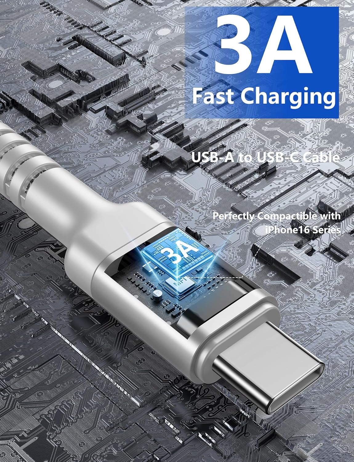 USB C Cable [2 Pack, 10FT], Long USB A to USB C Charger Cable, Type C Cable 3A Fast Charging Upgraded Extra Durable Braided USBC Cord for iPhone 17/16 15 Pro Max/Samsung Galaxy S23/LG and More-Silver