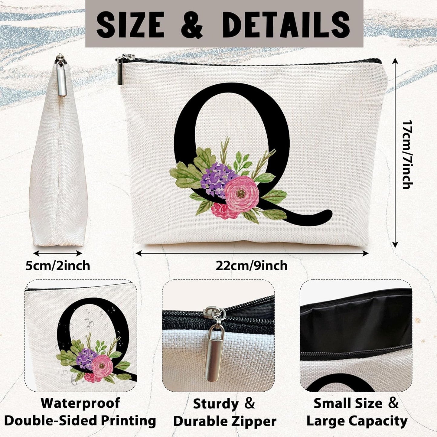 Personalized Letter Q Makeup Bag for Women, Birthday Gifts for Mom, Small Zipper Pouch for Purse, Christmas Bridesmaid Friendship Gifts for Sister Daughter, Girls Weekend Gifts for Women-A17