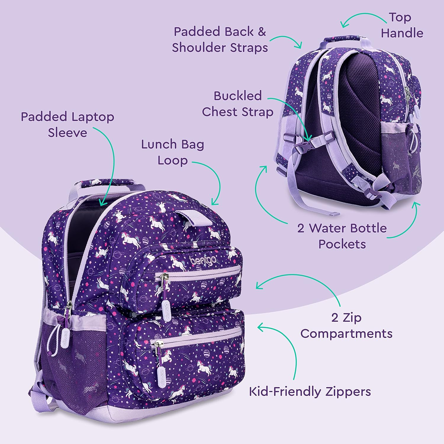 Bentgo Kids Backpack - Lightweight 14” Backpack in Fun Prints for School, Travel, & Daycare, Ideal