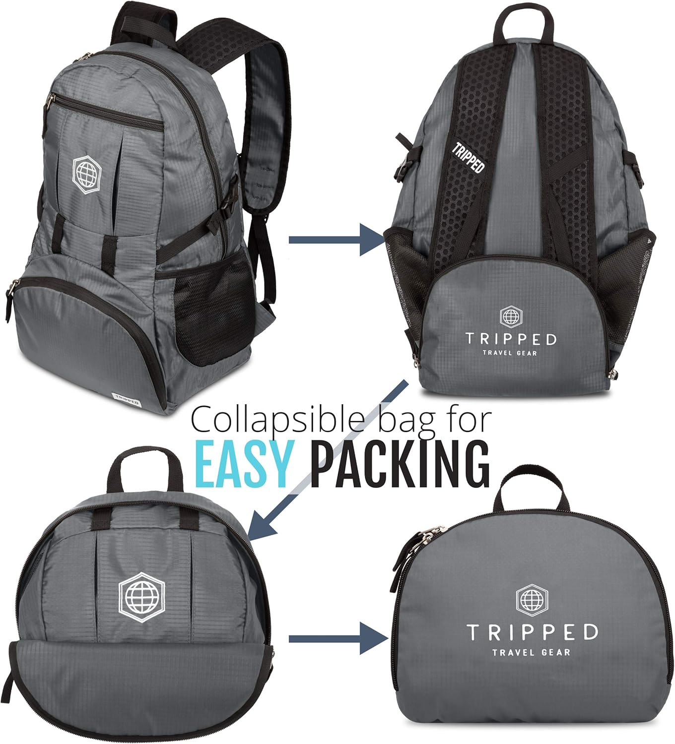 TRIPPED Travel Gear Granite Grey 35L Foldable Backpack, Lightweight, Packable, with Padded Shoulder