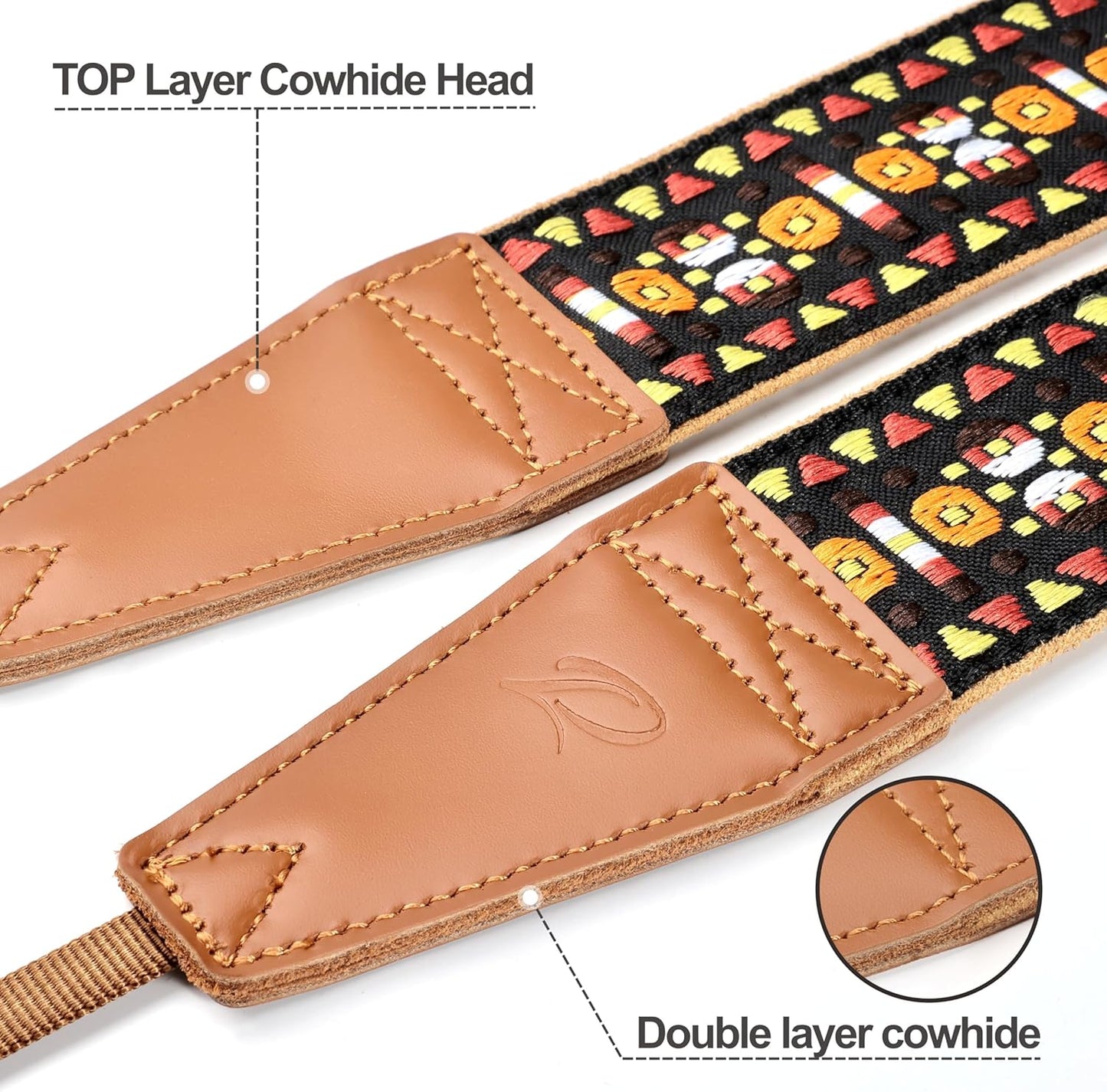 Padwa Lifestyle Camera Strap - 2" Full Grain Leather Ends Camera Straps for Photographers, Vintage Embroidered Cotton Weave Soft Suede Fabric Padded Strap Quick Release fits All Cameras