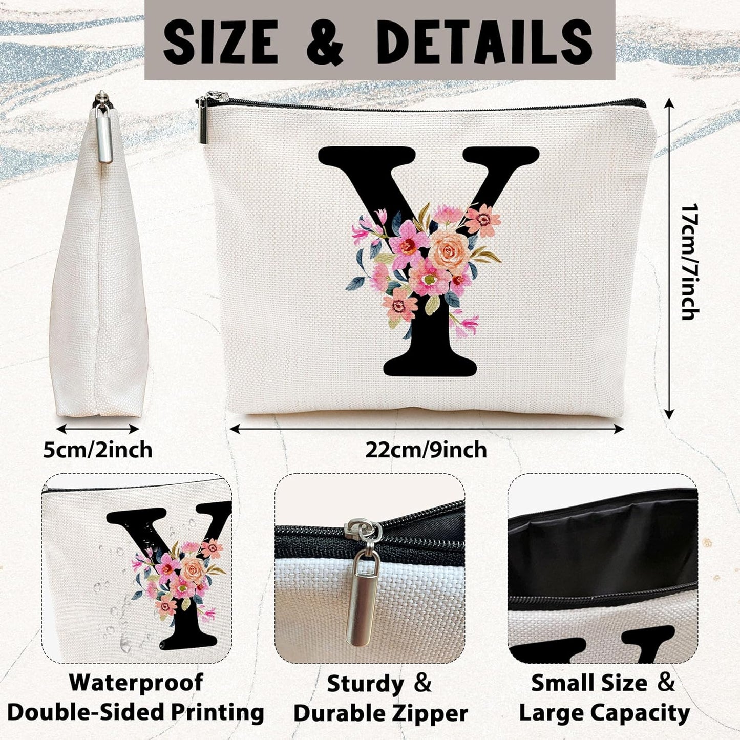 Personalized Letter Y Makeup Bag for Women, Birthday Gifts for Mom, Small Zipper Pouch for Purse, Christmas Bridesmaid Friendship Gifts for Sister Daughter, Girls Weekend Gifts for Women-A25