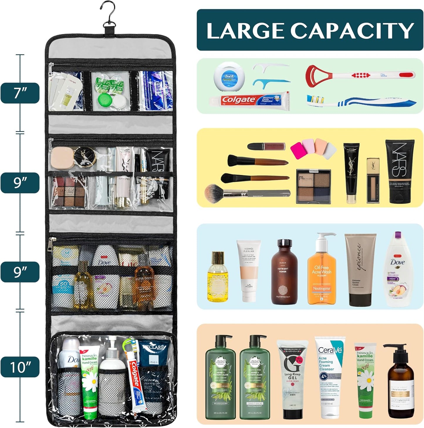 PAVILIA Travel Hanging Toiletry Bag for Women Men, Large Capacity Makeup Bag Kit, Waterproof