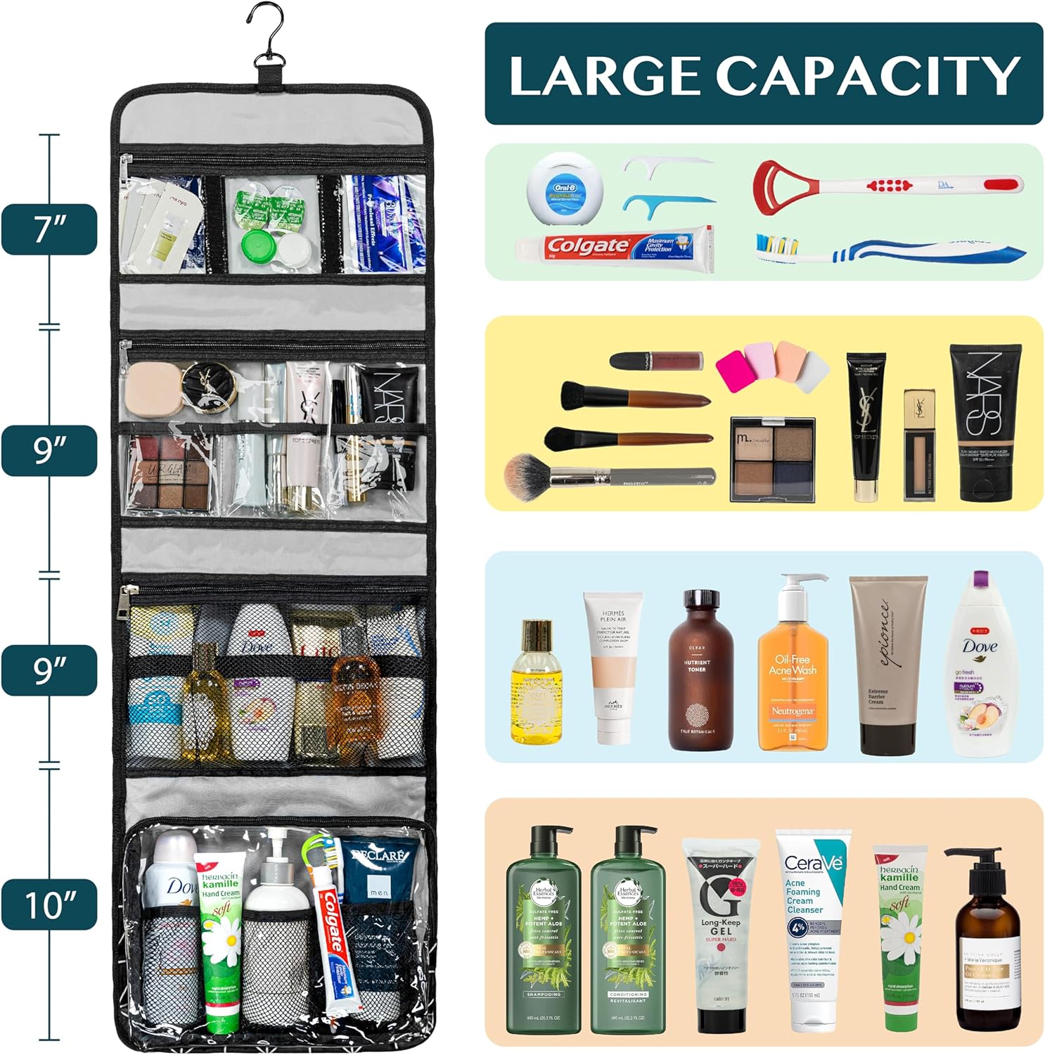 PAVILIA Travel Hanging Toiletry Bag for Women Men, Large Capacity Makeup Bag Kit, Waterproof