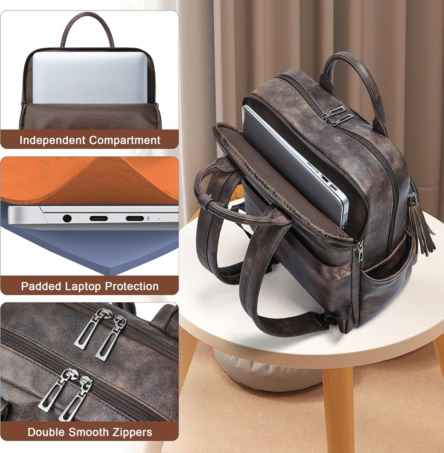 Shrrie Laptop Backpack for Women 15.6 inch Travel Leather Backpack Purse Work Computer Backpacks for Business College Coffee