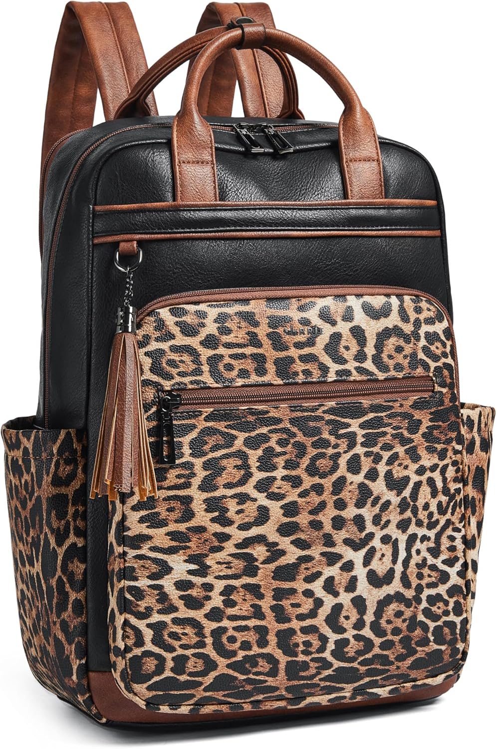 Shrrie Laptop Backpack for Women 15.6 inch Travel Leather Backpack Purse Work Computer Backpacks for Business College Black With Leopard