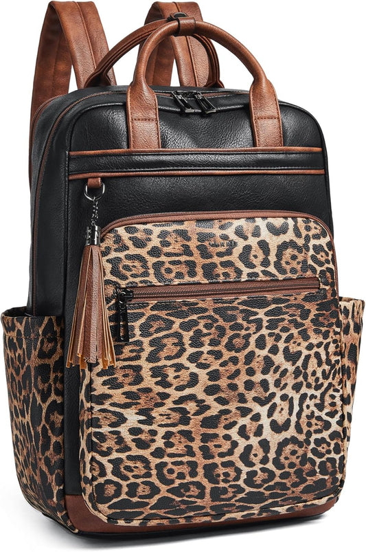 Shrrie Laptop Backpack for Women 15.6 inch Travel Leather Backpack Purse Work Computer Backpacks for Business College Black With Leopard