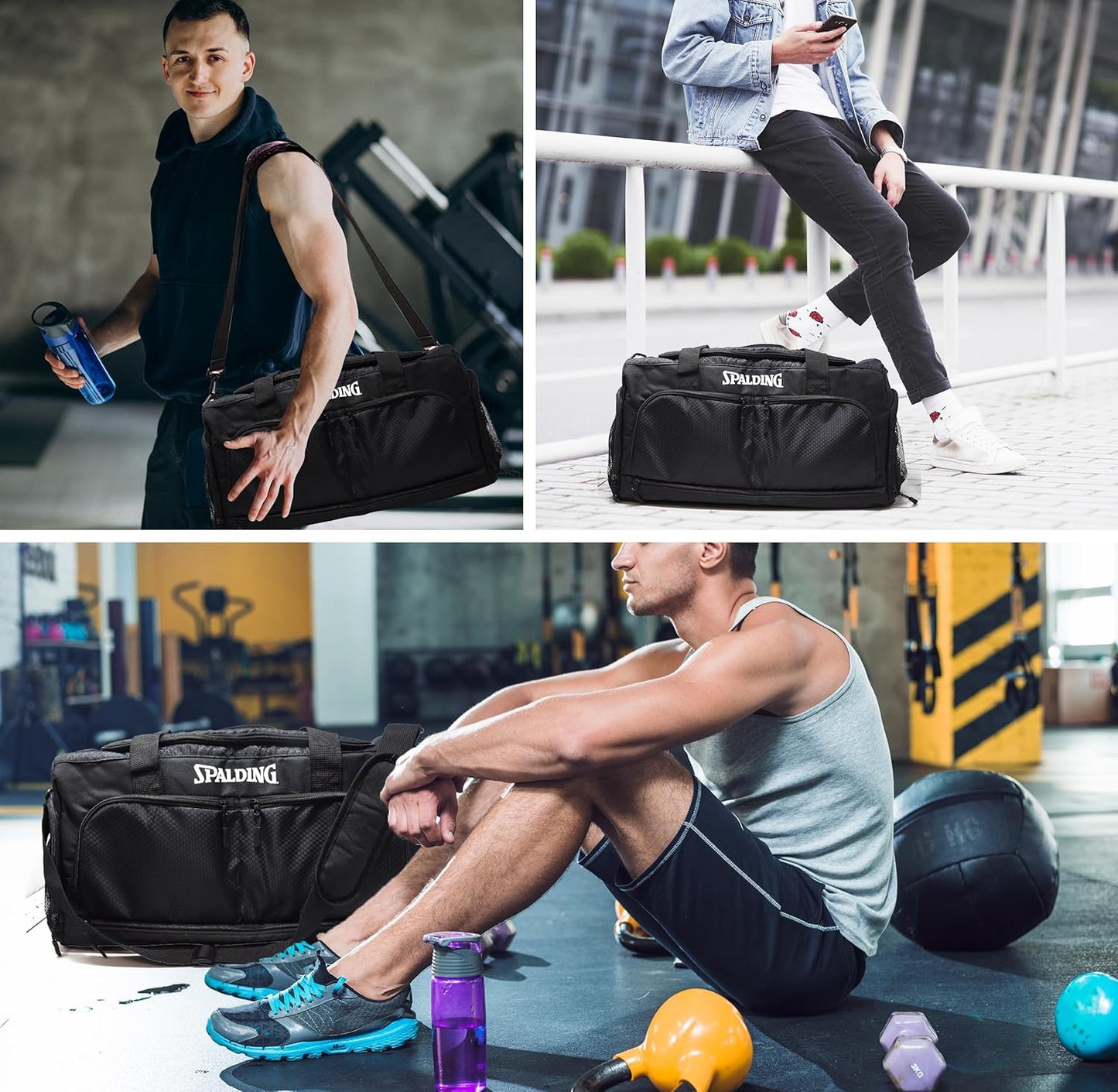 Spalding Gym Bag for Women and Men, Large Sports Duffle Bag with Shoe and Wet Pocket, 10 Zippered Compartments, Waterproof Workout Travel Bags with Adjustable Strap, Lightweight Fitness Duffel, Black